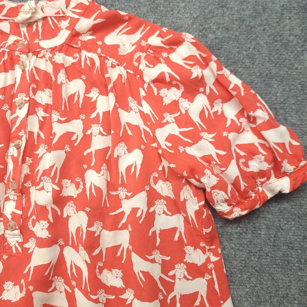 Anthropologie Emily Isabella Poodle Print Blouse Red White Short Sleeve M